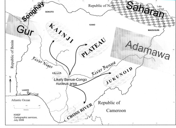 Blench 2010 Map 3: Gur-Adamawa split by Benue-Congo expansions